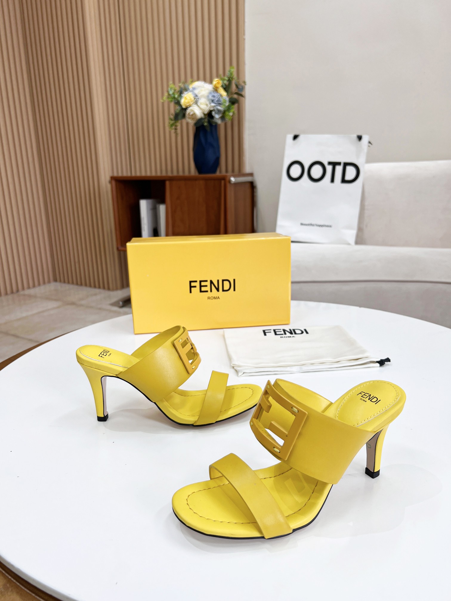 F**di Baguette Yellow Heels For Women
