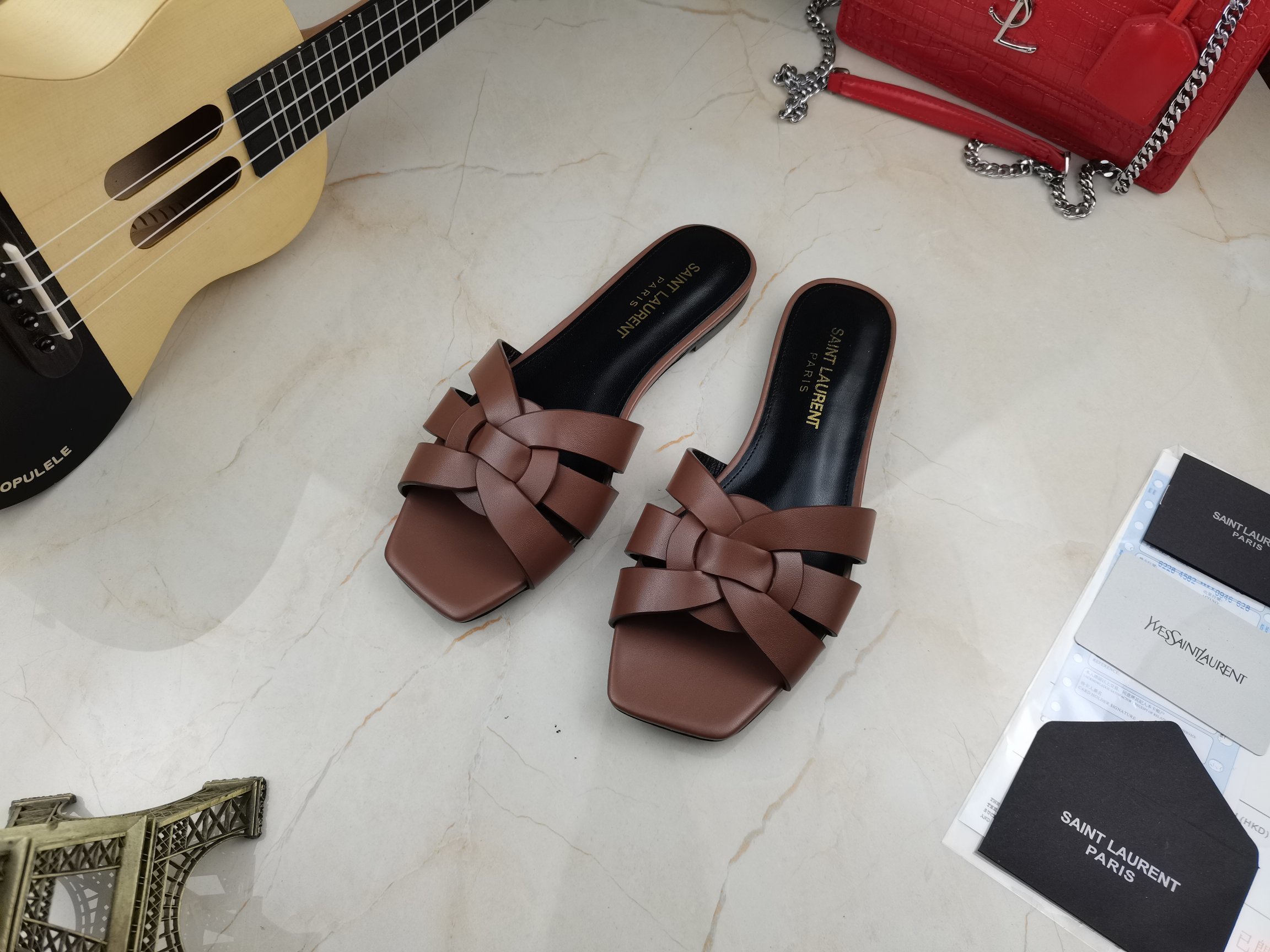 Sa1nt Lau*nt Women’s Tribute Flat Mules Brown For Women Y51