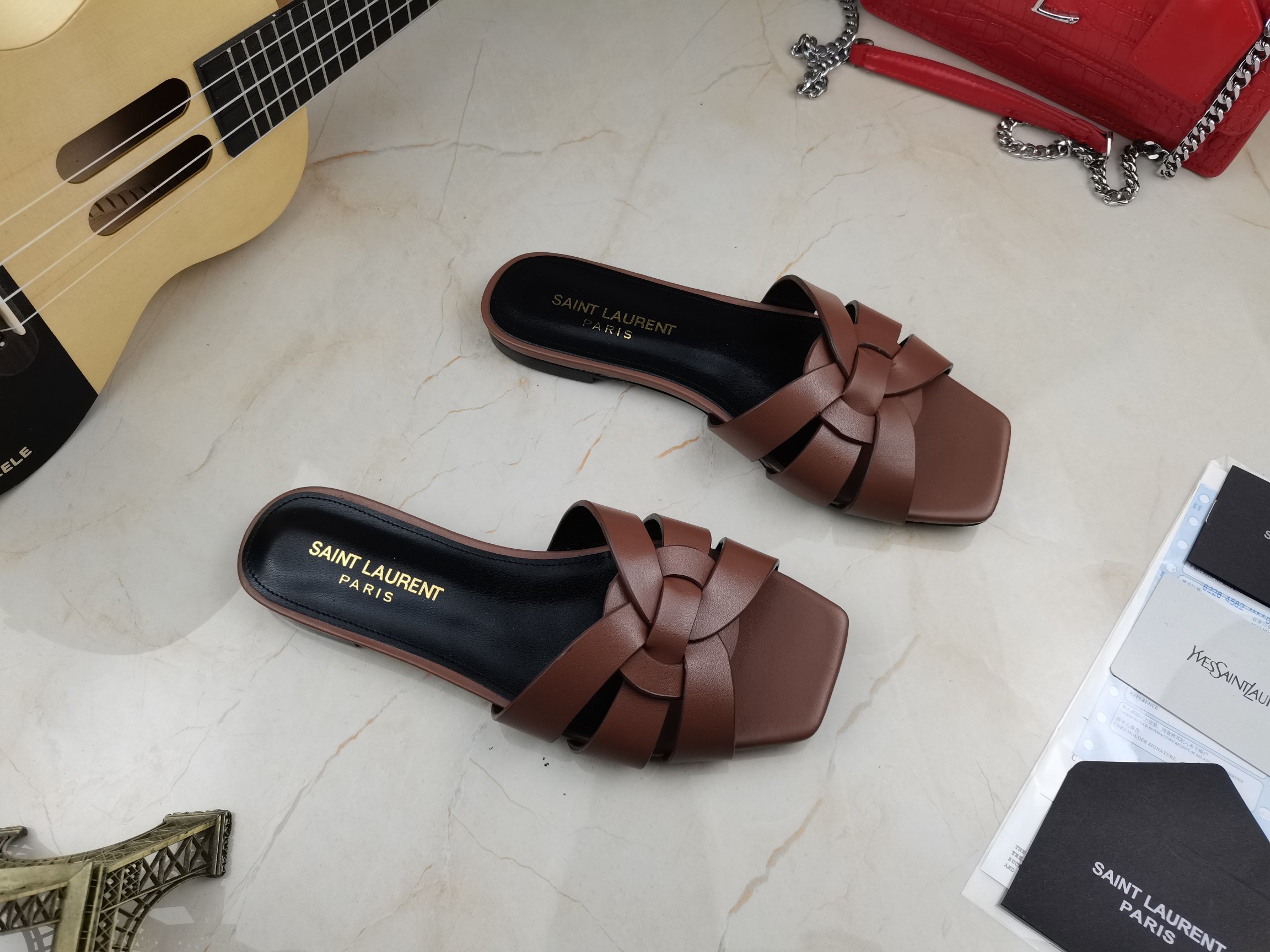 Sa1nt Lau*nt Women’s Tribute Flat Mules Brown For Women Y51