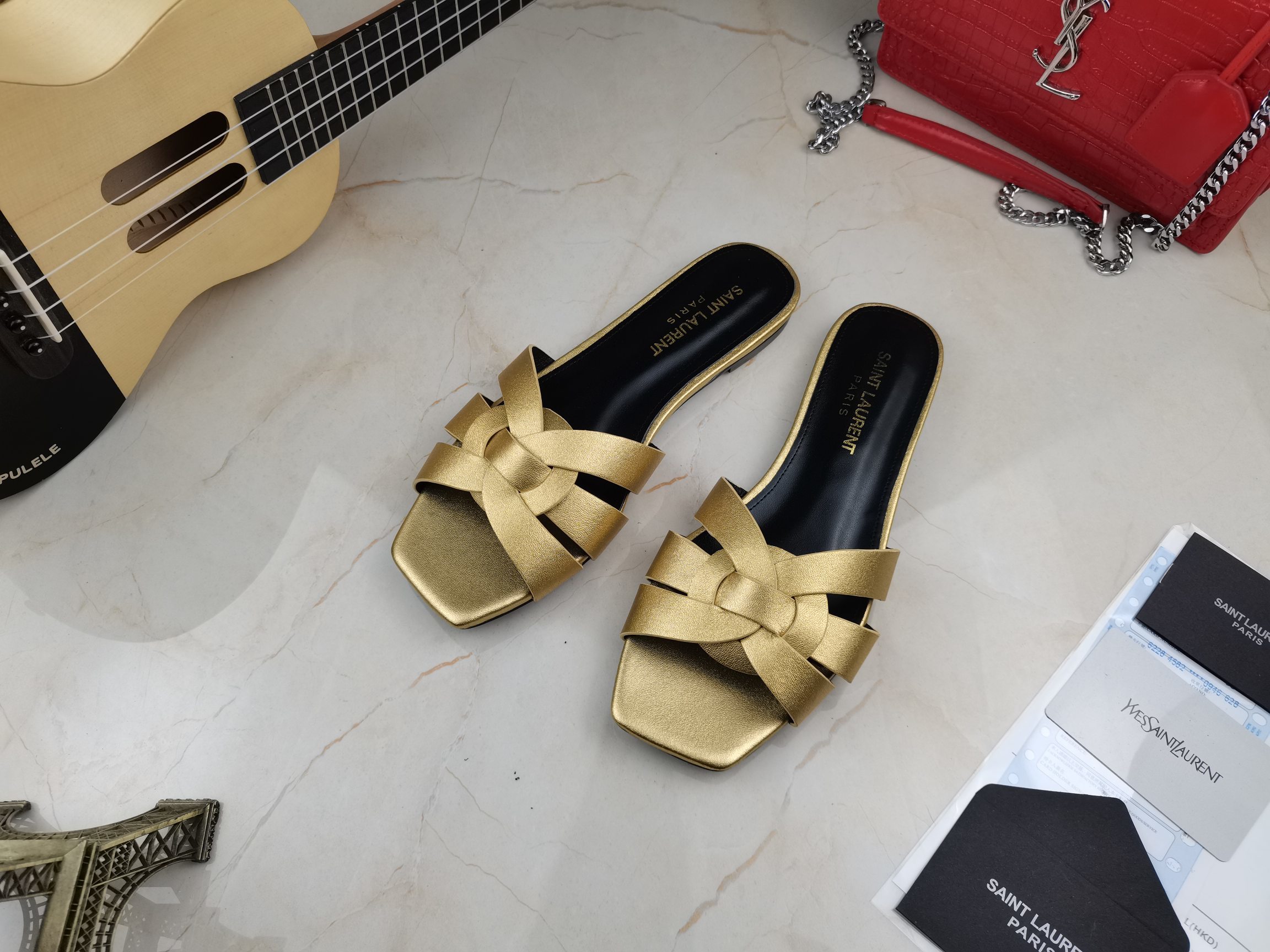 Sa1nt Lau*nt Women’s Tribute Flat Mules Gold For Women Y51