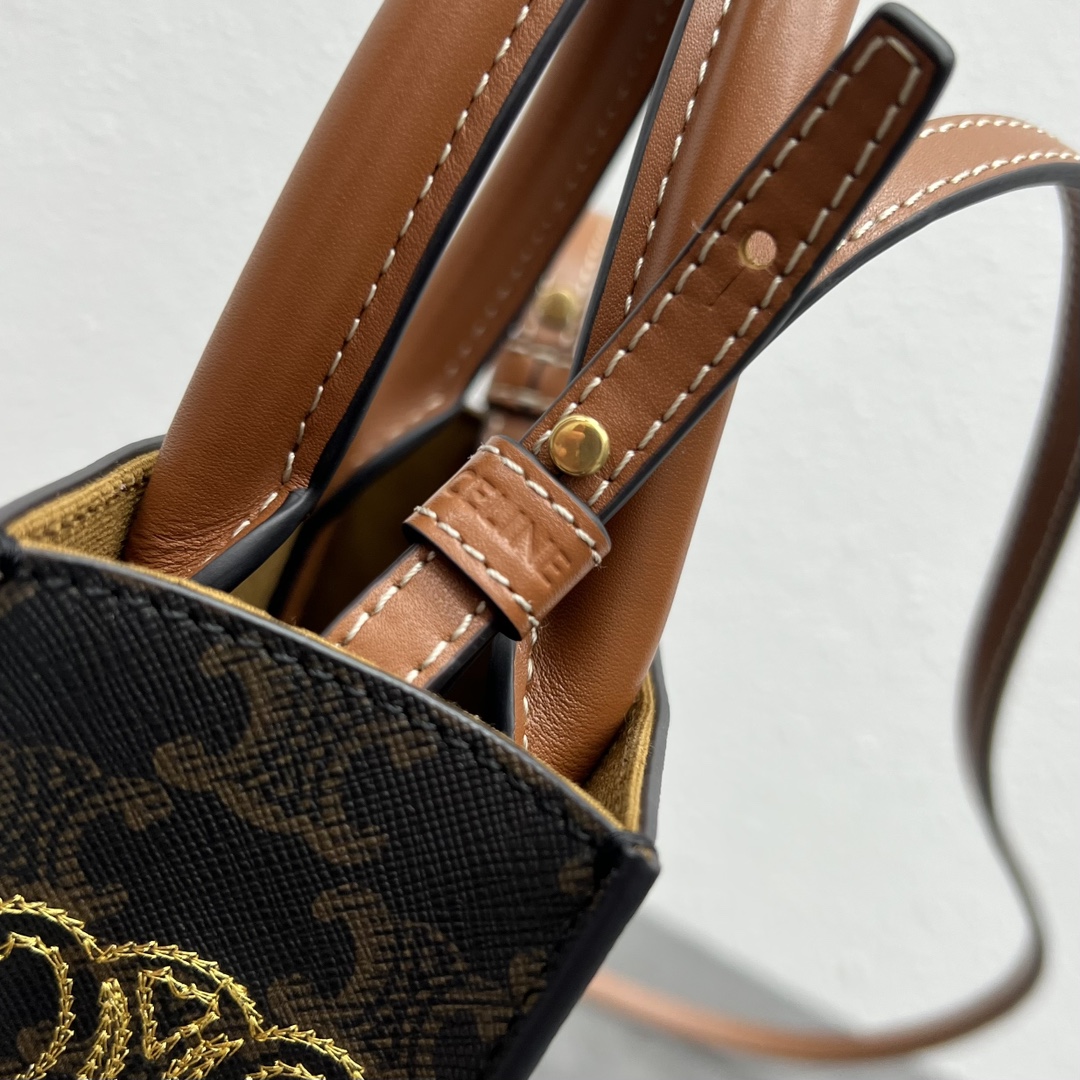Ce1i*e Mini Folco In Triomphe Canvas With Triomphe Heart Embroidery Brown For Women 8in/20cm