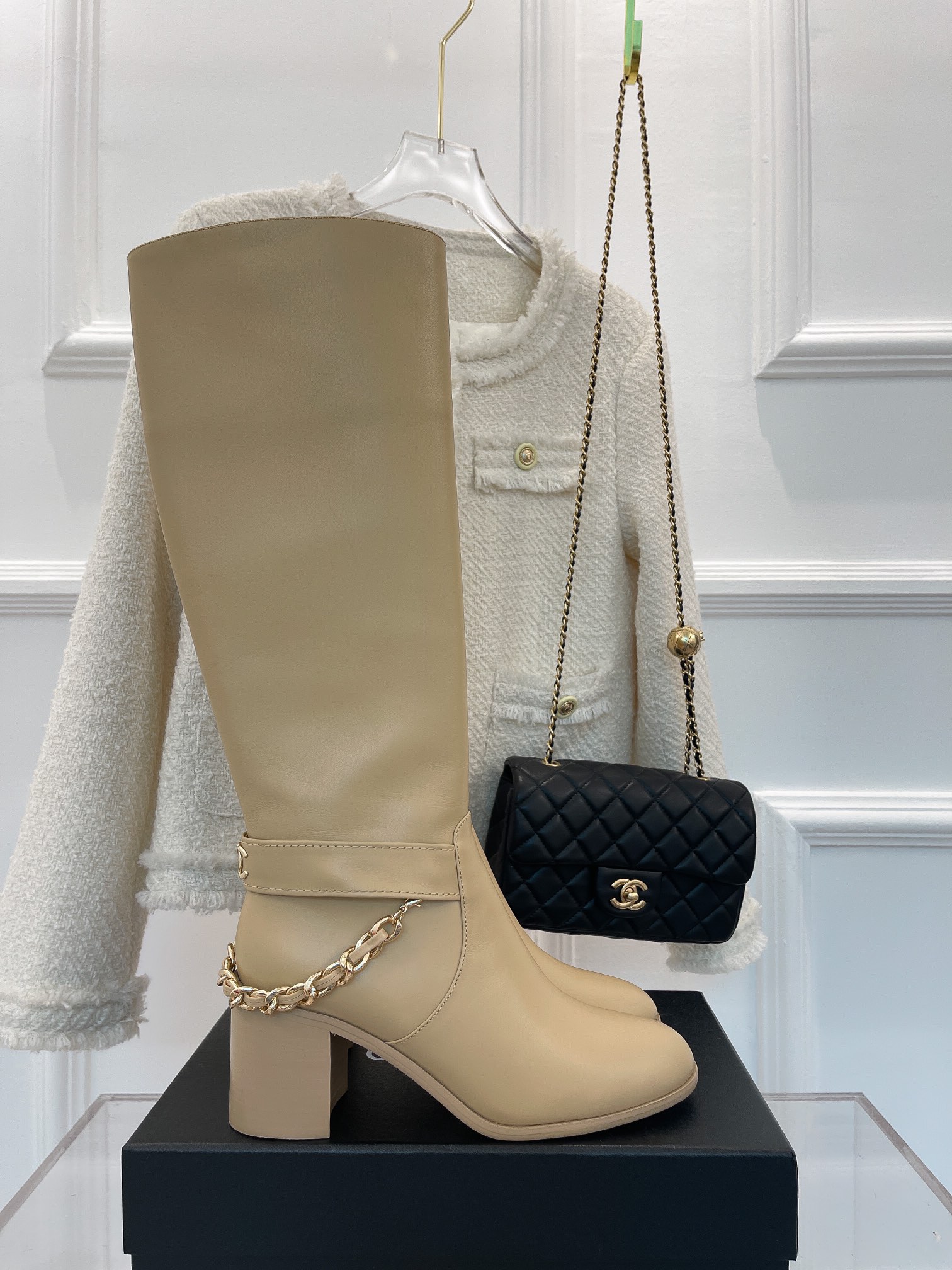 Ch**el Women’s High Boots With Chain Beige For Women 3.7in/ 9.5cm