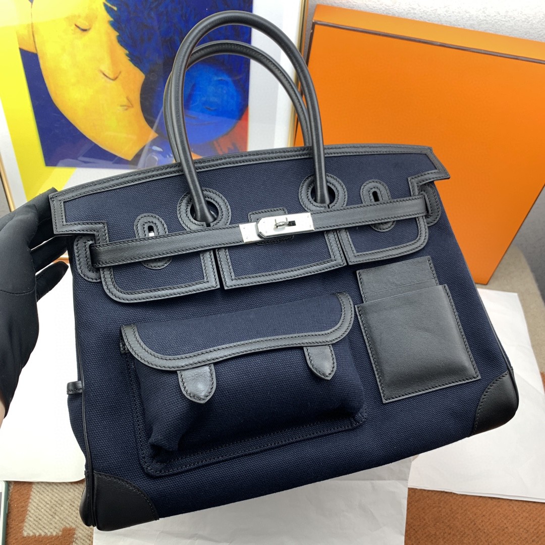 H**me5 Birkin Cargo 35 Navy Blue, Silver Toned Hardware Bag For Women, Women’s Handbags, Shoulder Bags 13.8in/35cm