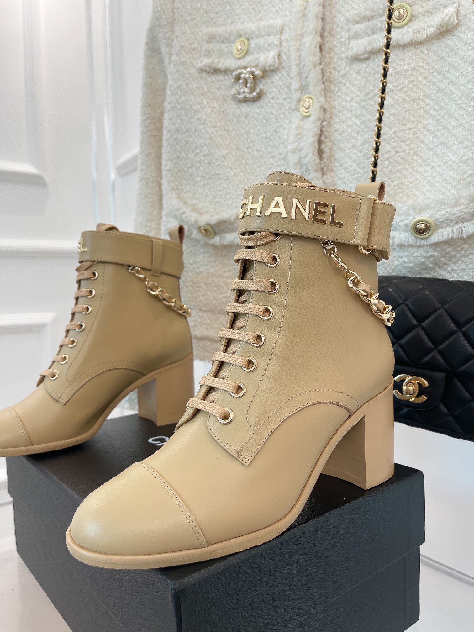 Ch**el Women’s Lace-Up With Chain Beige For Women 3.7in/9.5cm