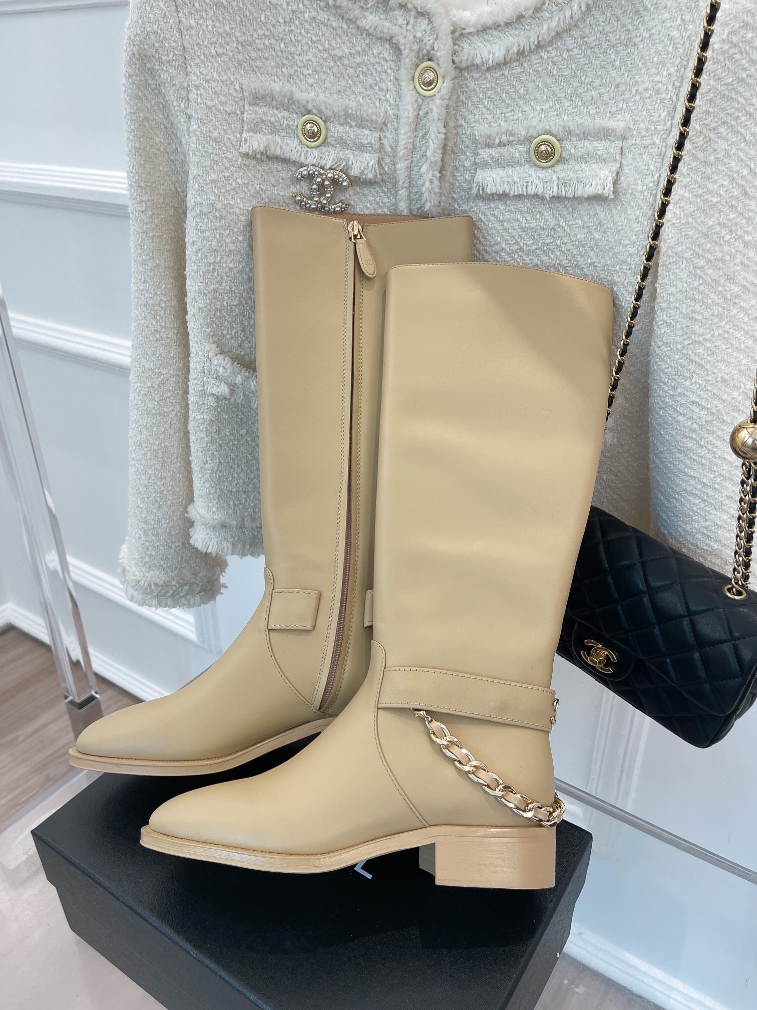 Ch**el Women’s Ankle Boots With Chain Beige For Women 1.5in/ 4cm