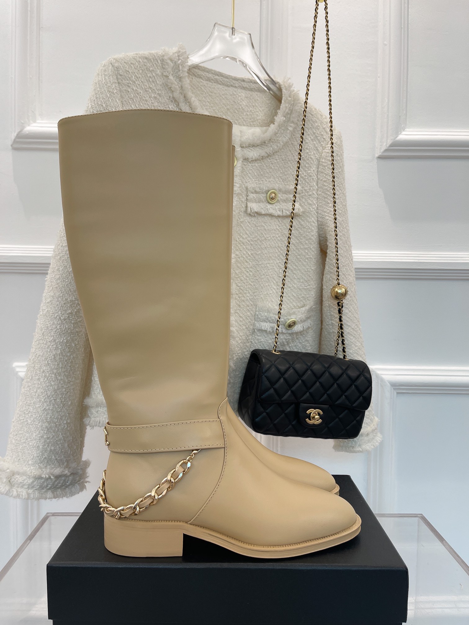 Ch**el Women’s Ankle Boots With Chain Beige For Women 1.5in/ 4cm