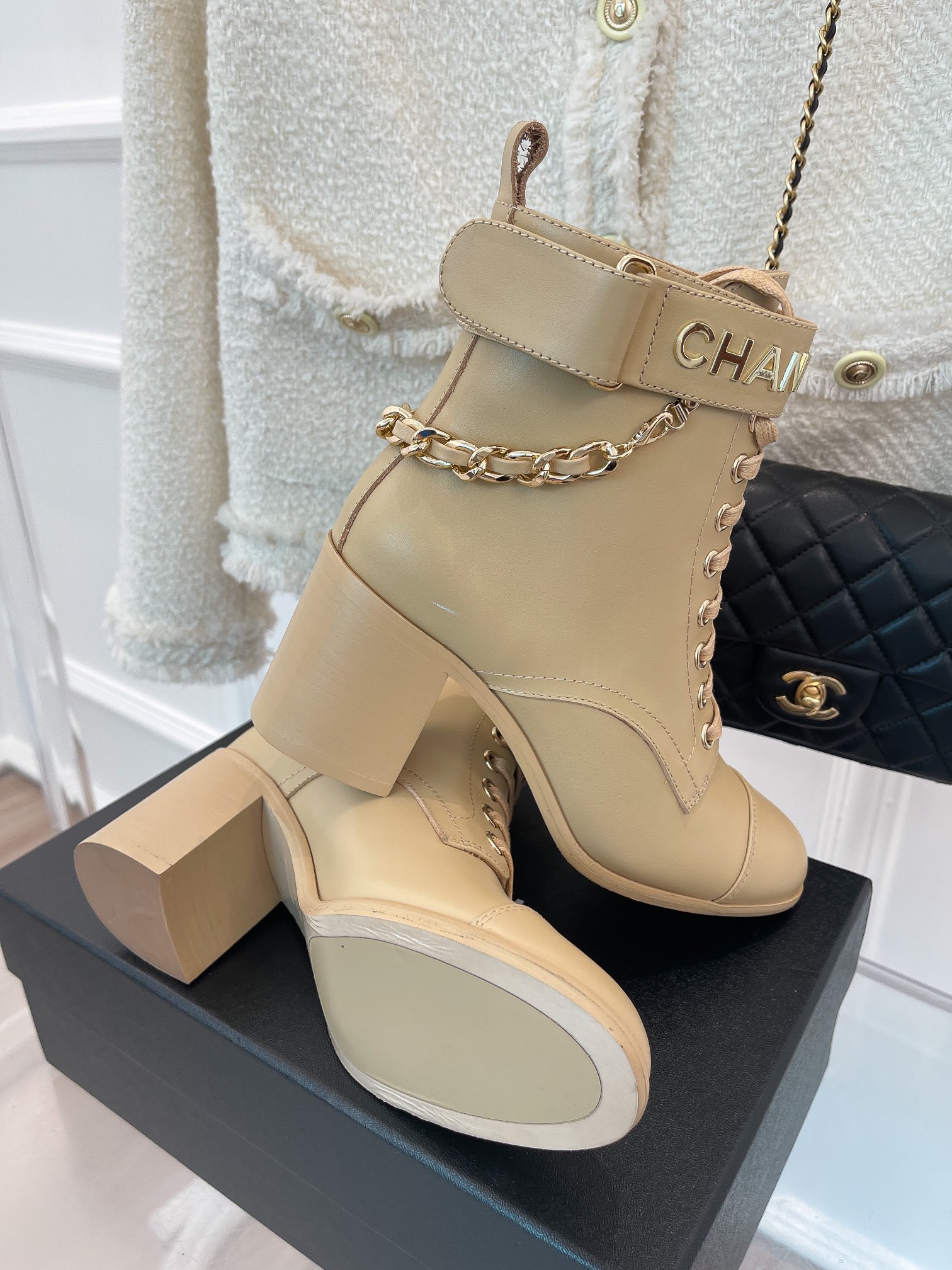 Ch**el Women’s Lace-Up With Chain Beige For Women 3.7in/9.5cm