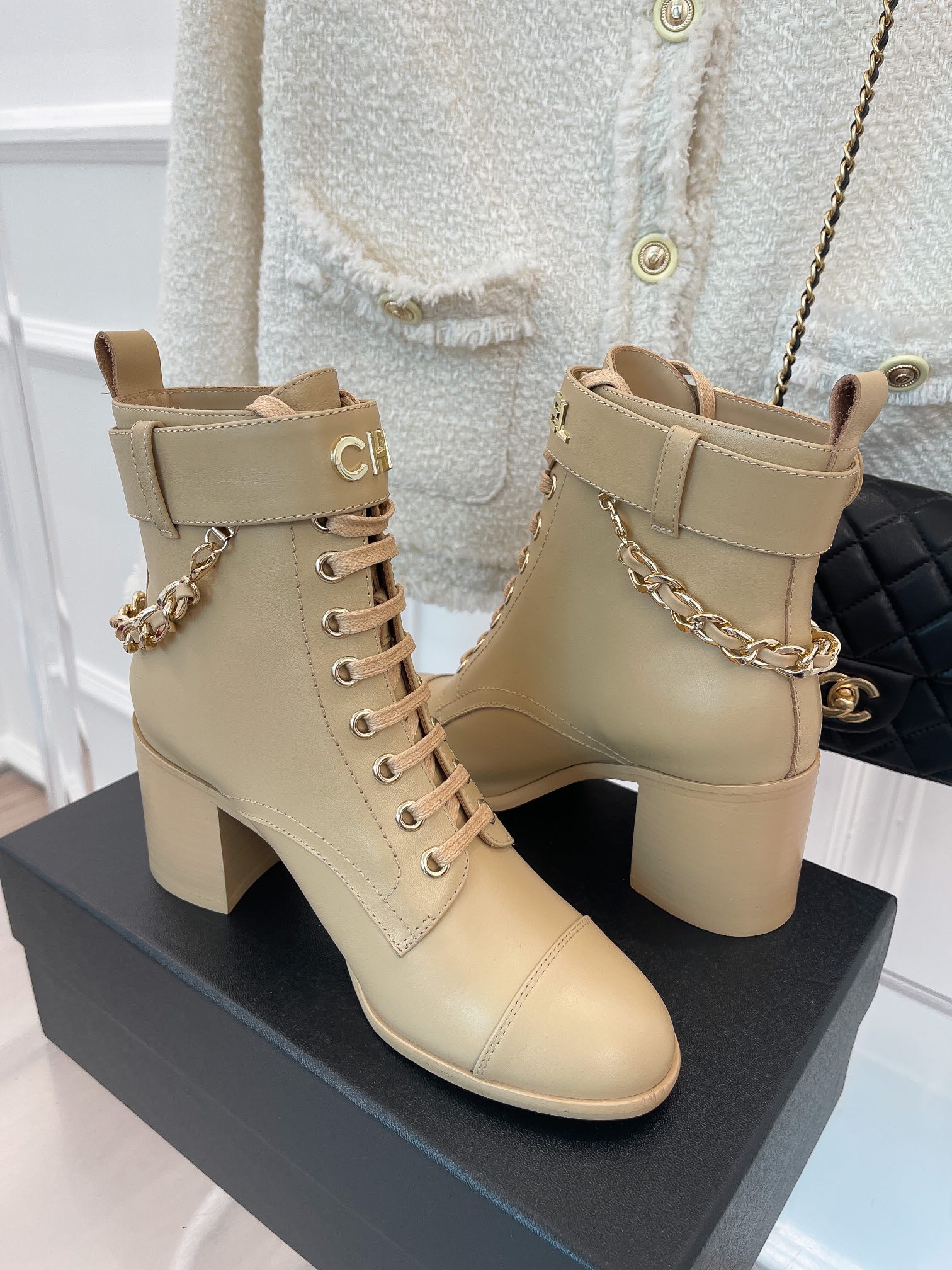 Ch**el Women’s Lace-Up With Chain Beige For Women 3.7in/9.5cm