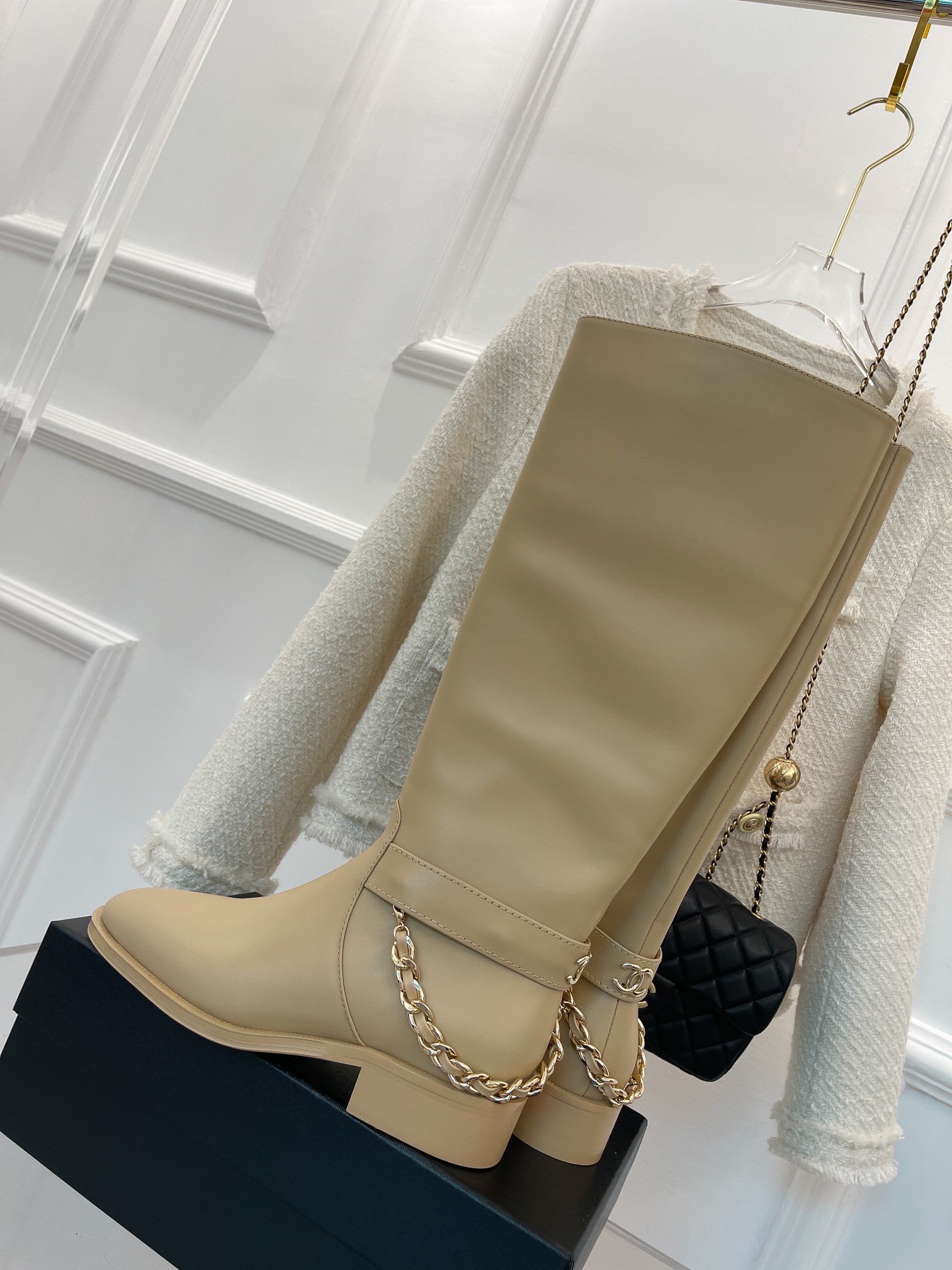 Ch**el Women’s Ankle Boots With Chain Beige For Women 1.5in/ 4cm