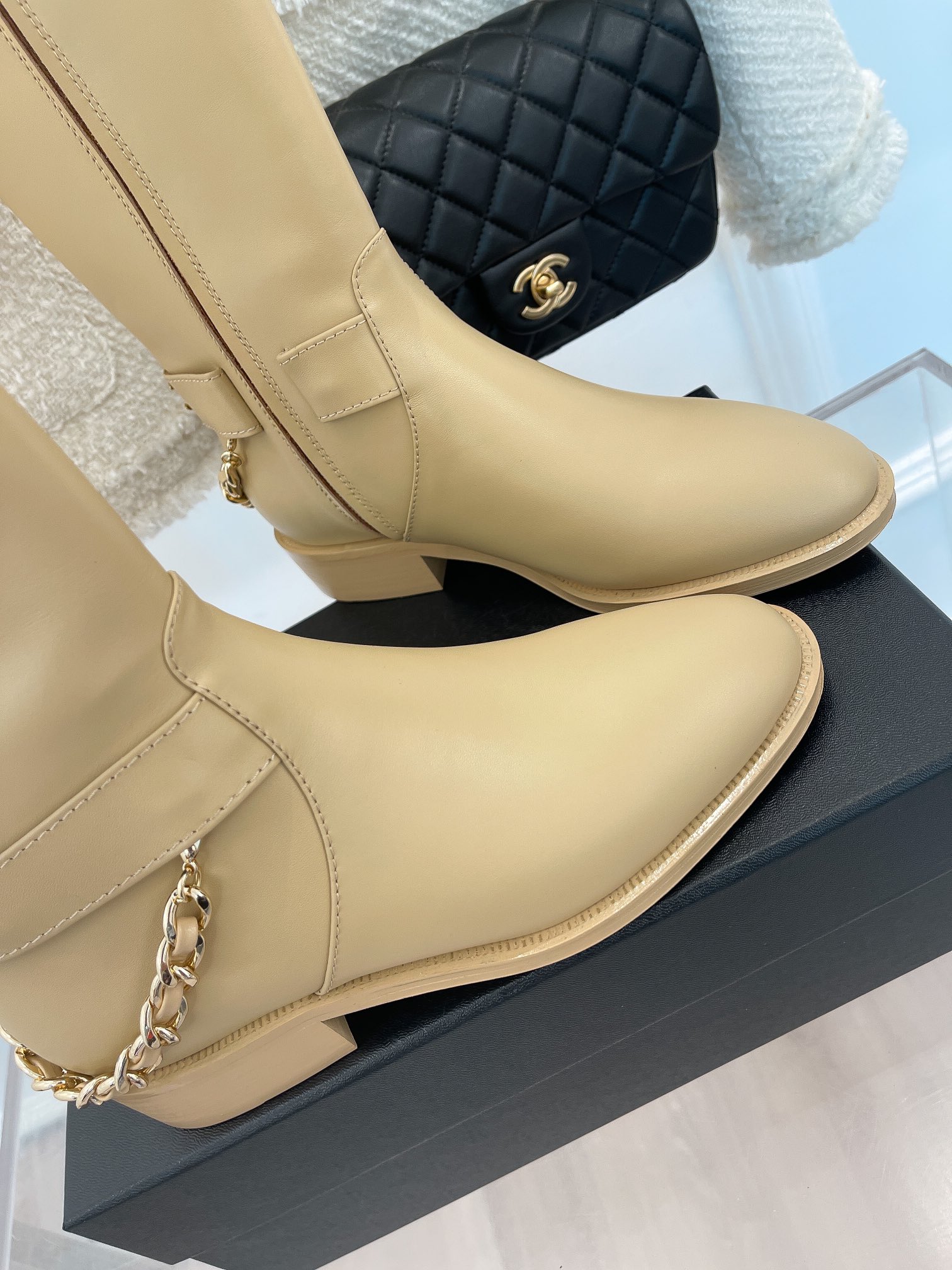 Ch**el Women’s Ankle Boots With Chain Beige For Women 1.5in/ 4cm