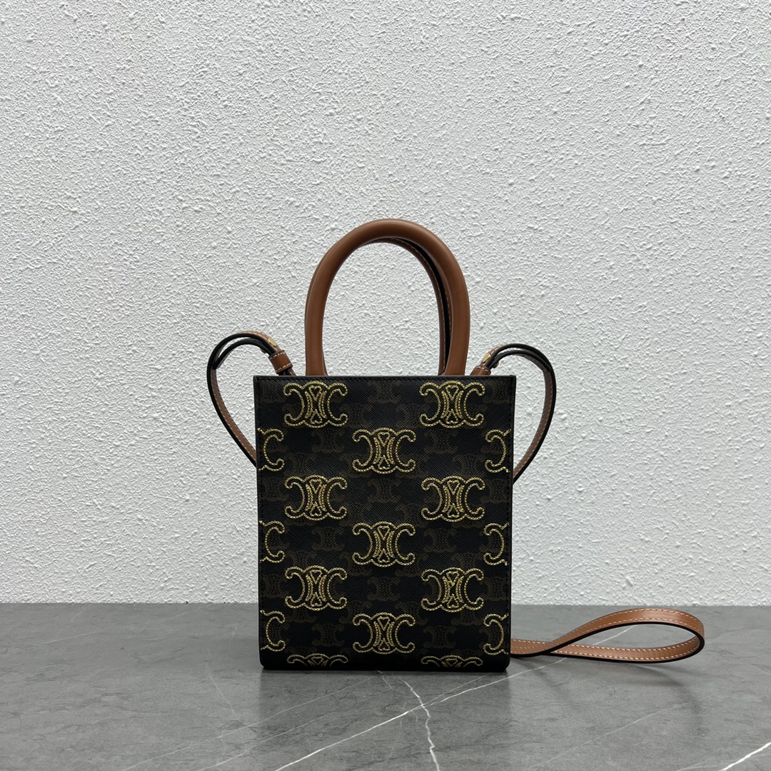 Ce1i*e Mini Folco In Triomphe Canvas With Triomphe Heart Embroidery Brown For Women 8in/20cm