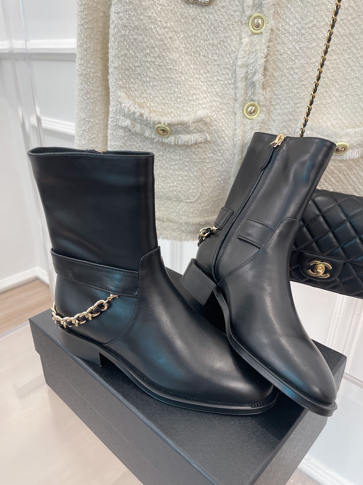 Ch**el Women’s Ankle Boots With Chain Black For Women 1.5in/4cm