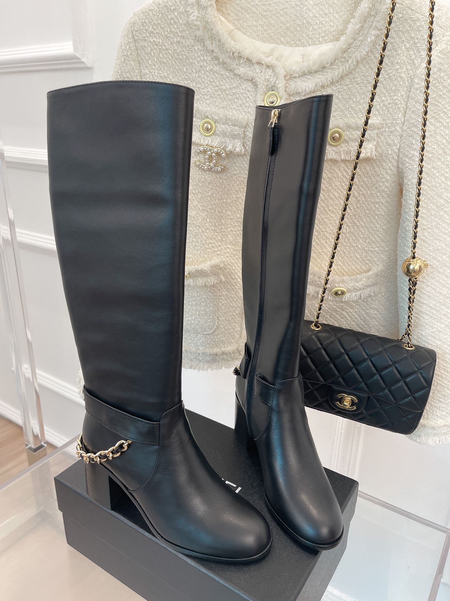 Ch**el Women’s High Boots With Chain Black For Women 3.7in/ 9.5cm