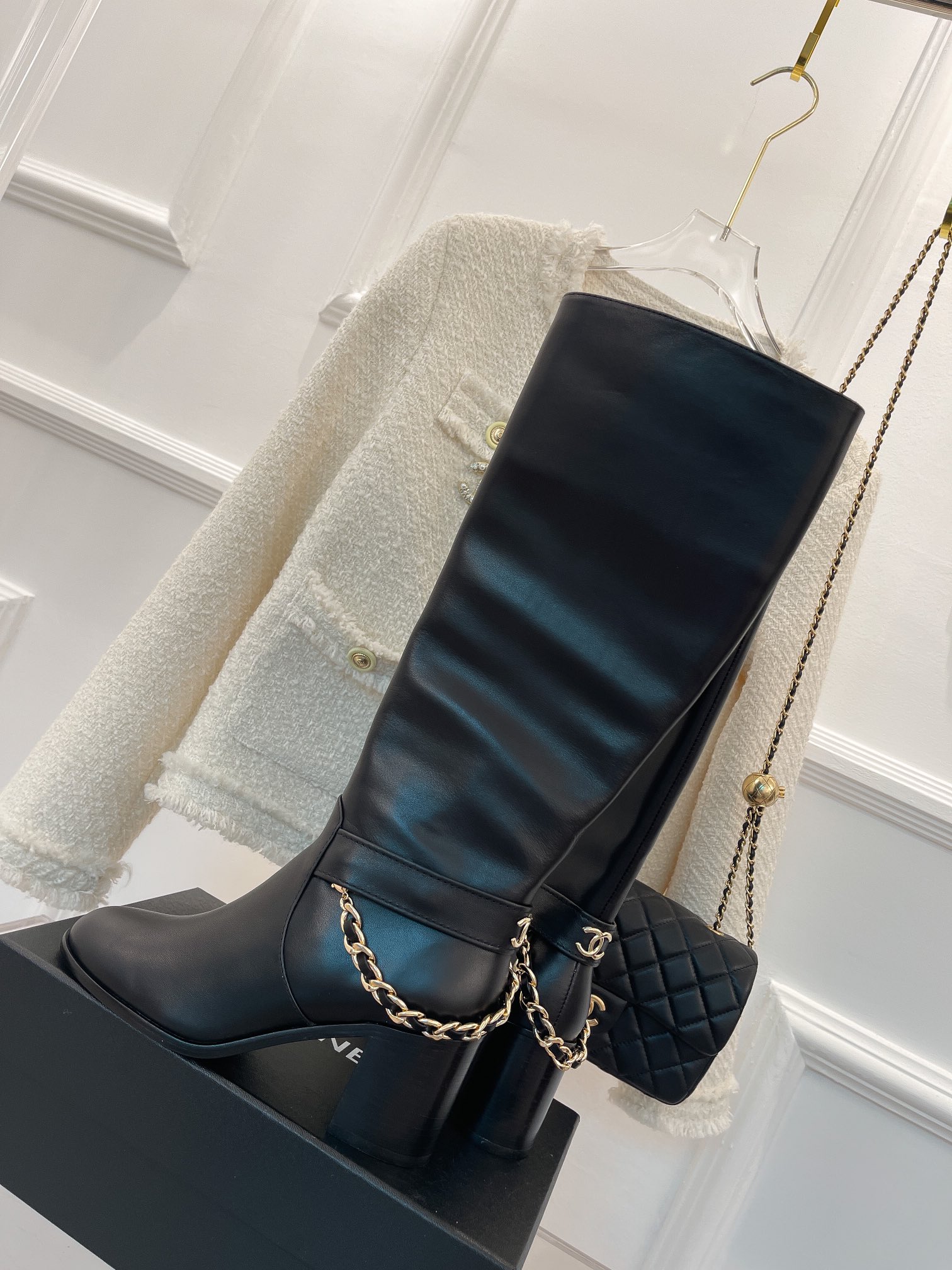 Ch**el Women’s High Boots With Chain Black For Women 3.7in/ 9.5cm