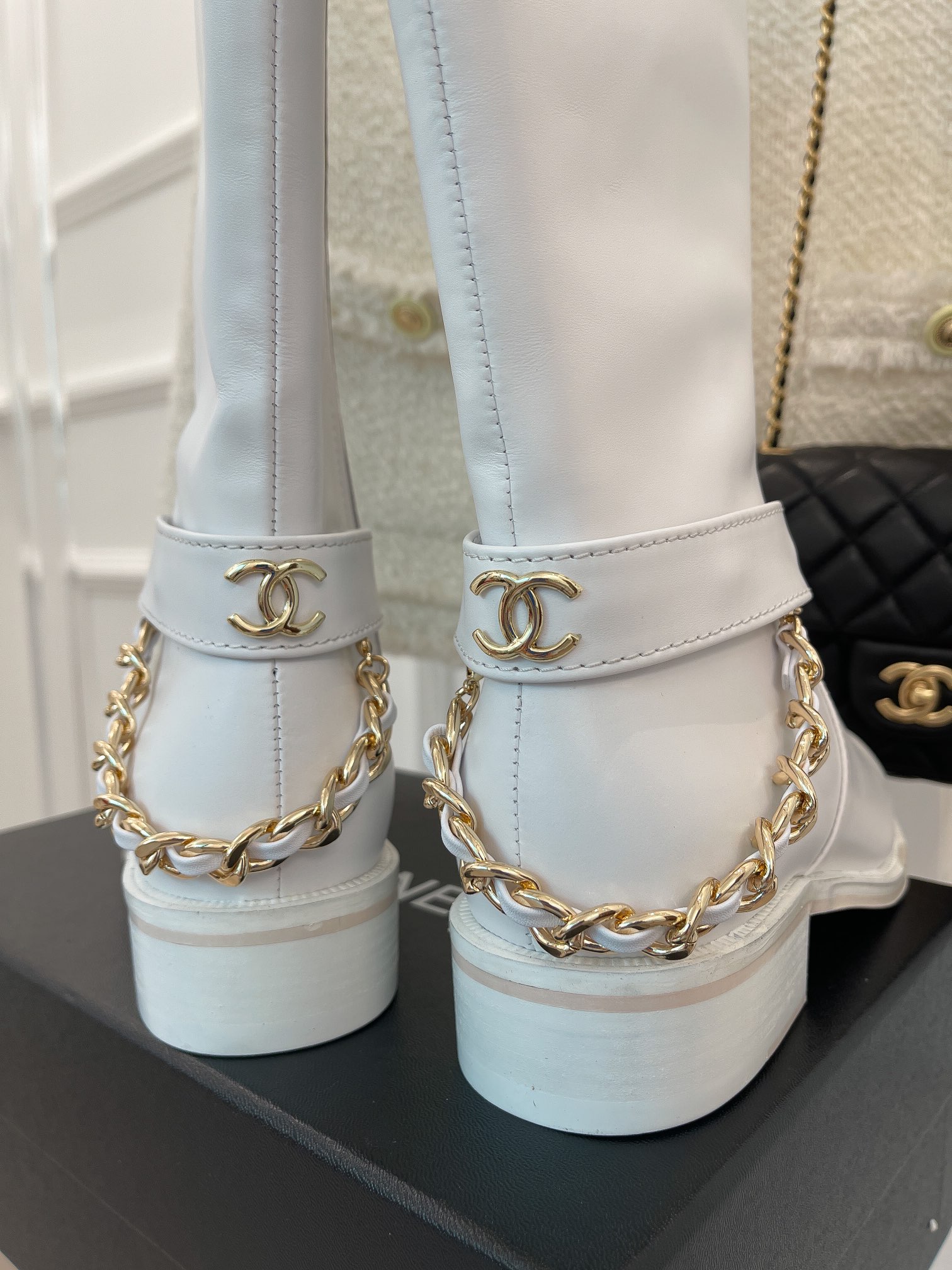 Ch**el Women’s Ankle Boots With Chain White For Women 1.5in/4cm