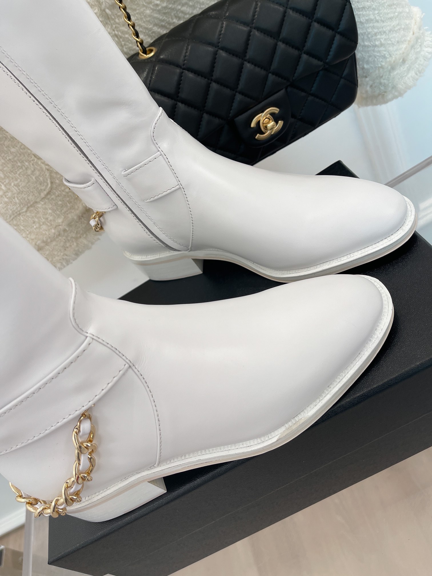 Ch**el Women’s Ankle Boots With Chain White For Women 1.5in/4cm