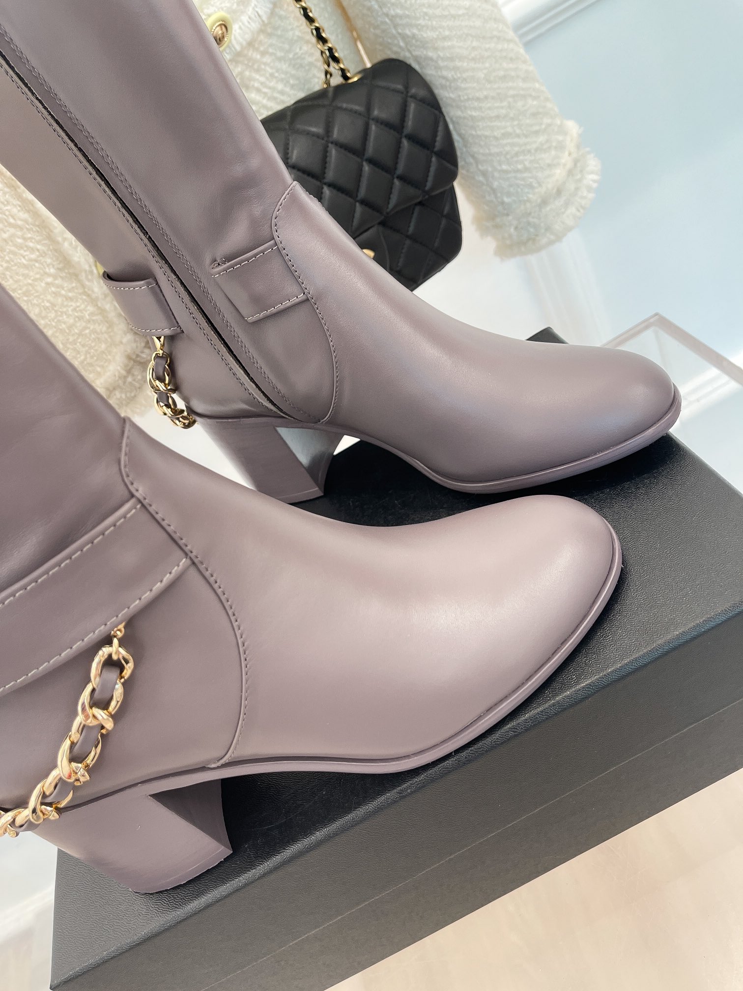 Ch**el Women’s High Boots With Chain Light Violet For Women 3.7in/ 9.5cm