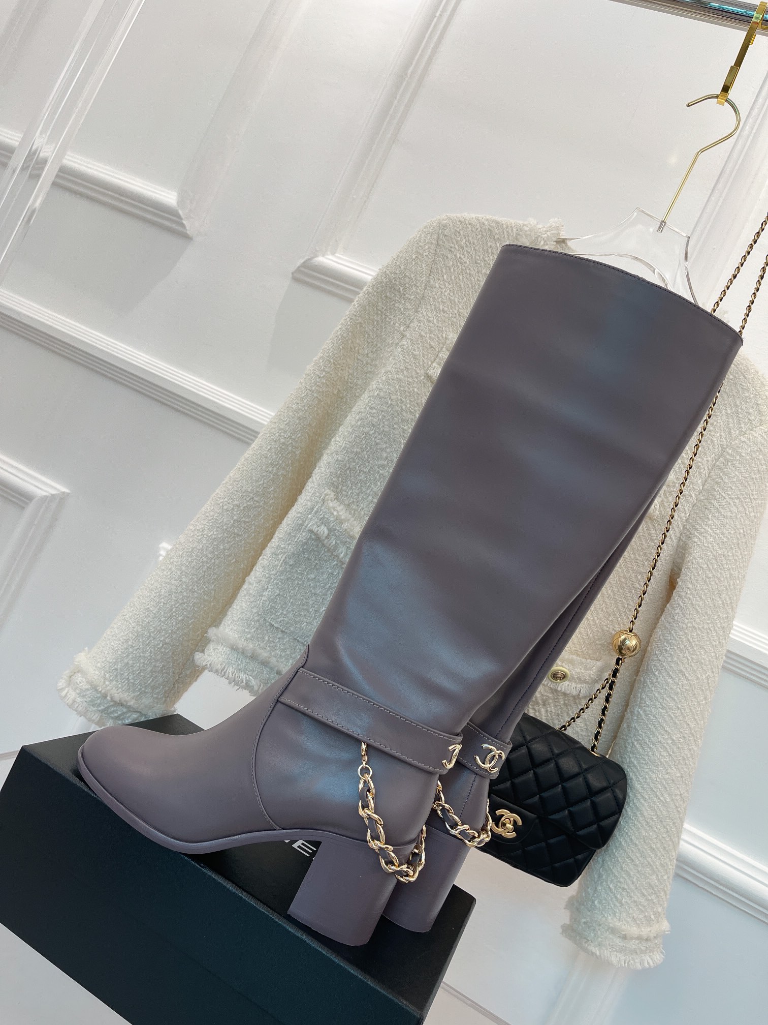 Ch**el Women’s High Boots With Chain Light Violet For Women 3.7in/ 9.5cm
